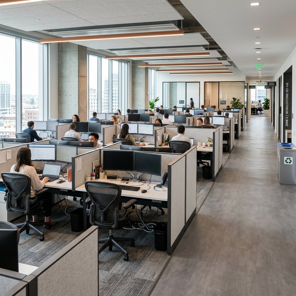 Commercial office flooring integrated with modern workstations in Chennai